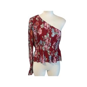 WAYF Scarlet Roses One-Shoulder Pleated Floral Blouse‎ Size L NWT